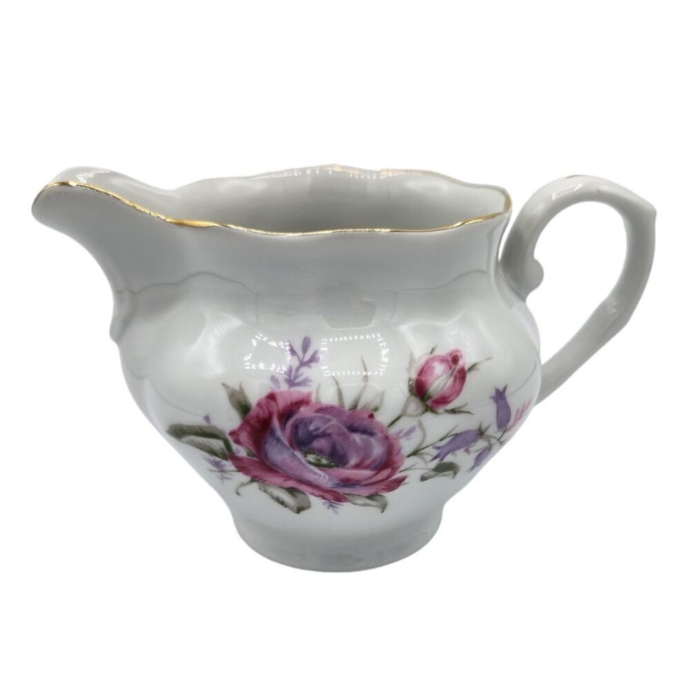 Vintage 1980 Favolina Pink & Purple Floral Gold Trim Ceramic Creamer Jar Pitcher